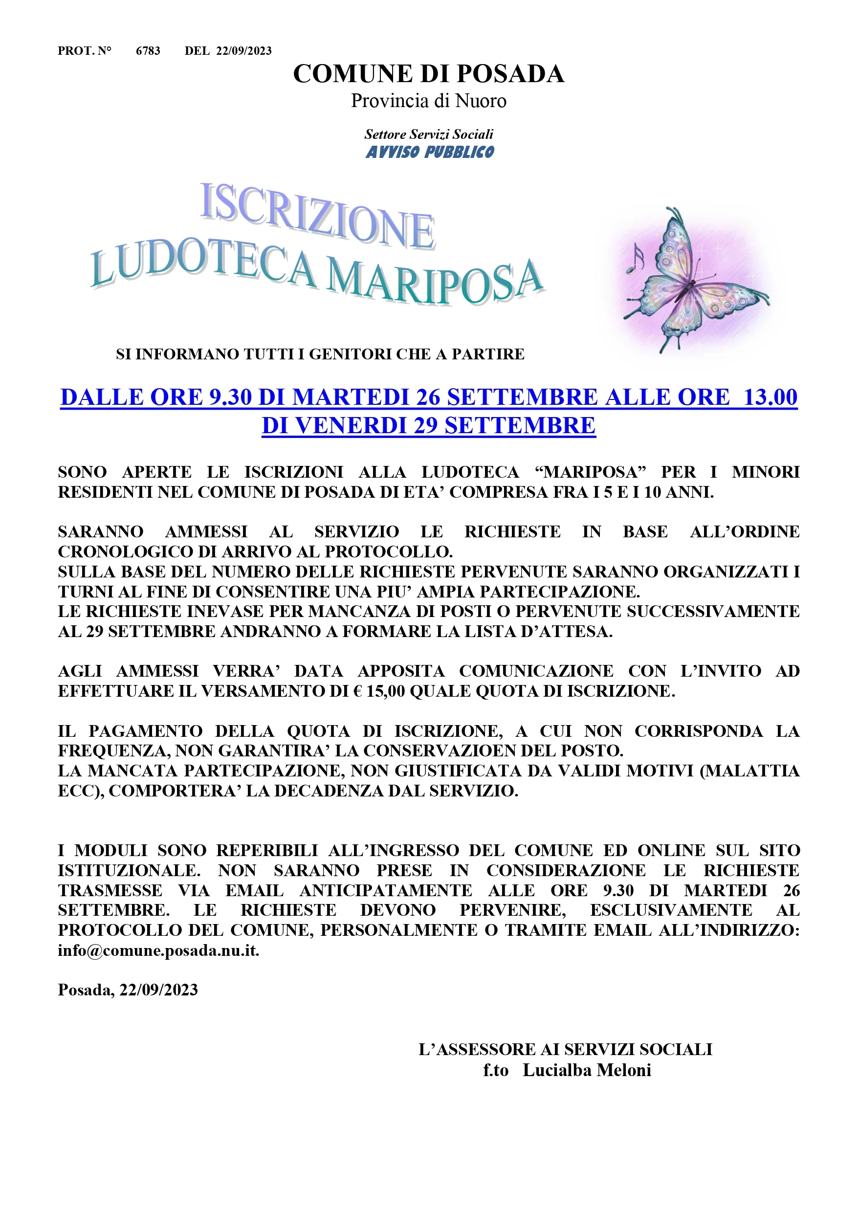 Avviso iscrizioni ludoteca mariposa