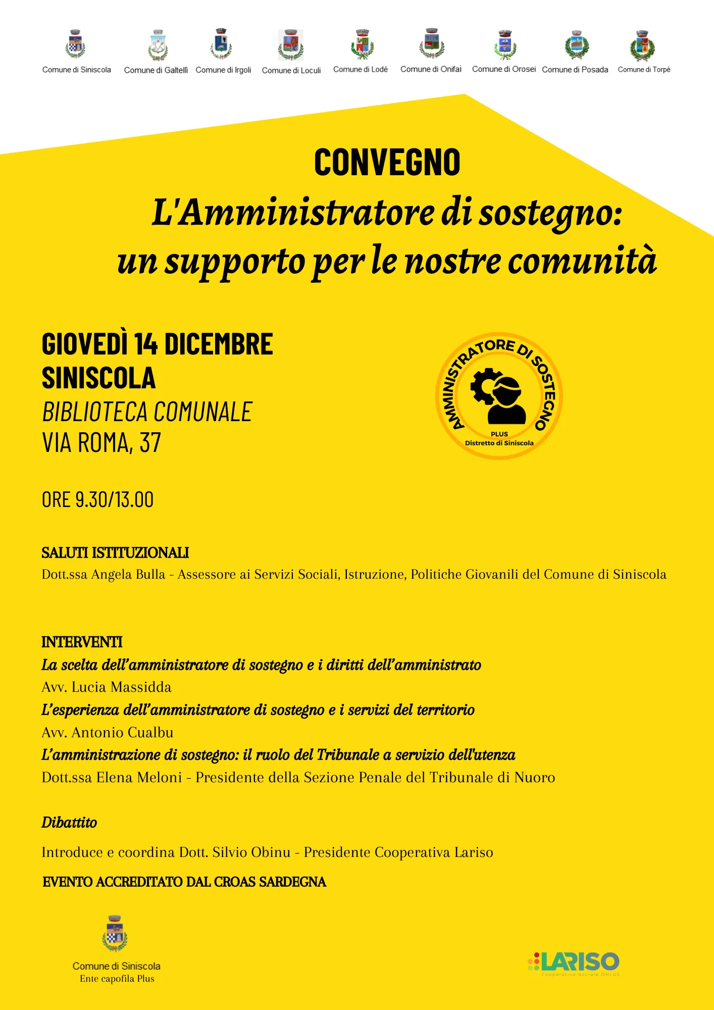 Convegno 'L'Amministratore di sostegno: un supporto per le nostre comunità' Siniscola 14 dicembre